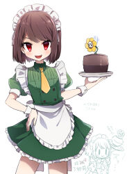 1other :d alternate_costume apron bob_cut brown_hair buttons chara_(undertale) collared_dress commentary_request contrapposto cowboy_shot dress enmaided fingernails flower flower_pot flowey_(undertale) frilled_apron frills green_dress hair_behind_ear hand_on_own_hip highres holding holding_plate leftporygon looking_at_viewer maid maid_apron maid_headdress necktie open_mouth other_focus petticoat plate puffy_short_sleeves puffy_sleeves red_eyes ribbon short_dress short_hair short_sleeves simple_background smile solo standing swept_bangs teeth tongue translation_request turn_pale undertale upper_teeth_only waist_apron white_apron white_background white_headdress white_ribbon white_sleeve_cuffs wristband yellow_flower yellow_necktie