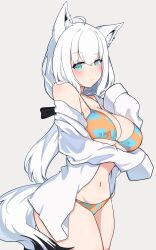 1girl ahoge animal_ear_fluff animal_ears arm_under_breasts bikini blue_bikini blue_eyes blush breasts checkered_bikini checkered_clothes cleavage closed_mouth collarbone fox_ears fox_girl fox_tail highres hololive large_breasts long_hair looking_at_viewer navel open_clothes open_shirt raised_eyebrows shirakami_fubuki shirt simple_background sleeves_past_wrists smile solo standing swimsuit tail tenpura32200 virtual_youtuber white_hair white_shirt