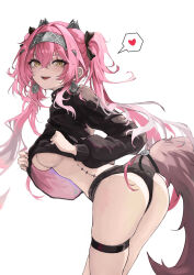 1girl absurdres asaba_(asaba_6771) black_bow black_shirt black_shorts bow breasts clothes_lift commentary earrings from_side hair_between_eyes hair_bow hairband hashtag-only_commentary heart highres jewelry long_hair looking_at_viewer looking_to_the_side lupa_(wuthering_waves) medium_breasts metal_hairband micro_shorts open_mouth pink_hair shirt shirt_lift shorts simple_background smile solo spoken_heart tacet_mark_(wuthering_waves) tail teeth thigh_strap thighs underboob upper_teeth_only white_background wolf_tail wuthering_waves yellow_eyes