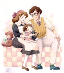 1boy 2girls absurdres aged_down apron baby brown_hair comforter dated dress duvet family father_and_daughter full_body glasses happy highres husband_and_wife jiji_(majo_no_takkyuubin) kiki_(majo_no_takkyuubin) kokiri_(majo_no_takkyuubin) majo_no_takkyuubin morisawa_taki mother_and_daughter multiple_girls okino_(majo_no_takkyuubin) pants shoes signature sitting sitting_on_lap sitting_on_person smile socks stuffed_animal stuffed_toy sweater_vest