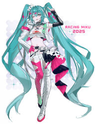 1girl ;d absurdly_long_hair absurdres aqua_eyes aqua_hair arm_up boots character_name chinese_commentary clothes_writing commentary_request crop_top full_body gloves goodsmile_racing hair_between_eyes halftone hand_on_own_hip hatsune_miku highres long_hair long_sleeves looking_at_viewer midriff navel official_alternate_costume one_eye_closed open_mouth paint pink_gloves pink_thighhighs racing_miku racing_miku_(2025) shirt short_shorts shorts single_thigh_boot single_thighhigh sketch smile solo sparkle standing thigh_boots thighhighs twintails very_long_hair vocaloid white_boots white_shirt white_shorts zhishi_mao_tiao