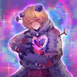 Rule 34 | 09gugugu, 1boy, animal ears, bear claws, bear ears, blonde hair, coat, crying, crying with eyes open, e.g.o (project moon), grey coat, hex nail (e.g.o), highres, limbus company, long sleeves, looking at viewer, male focus, nail (hardware), paw sleeves, project moon, purple background, short hair, sinclair (project moon), solo, sparkle, standing, string, tears, upper body, yellow eyes