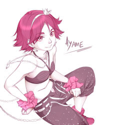 1girl baggy_pants bare_shoulders belt boots bra breasts chain character_name closed_mouth collarbone commentary crown earrings foot_out_of_frame frilled_wristband fusou_ayame highres idol jewelry looking_at_viewer mini_crown multiple_belts navel necklace nose open_belt open_pants pants pink_boots pink_eyes pink_hair pink_theme short_hair silver_earrings simple_background sitting small_breasts smile solo stomach toaru_majutsu_no_index toaru_majutsu_no_index:_new_testament underwear vilatile white_background