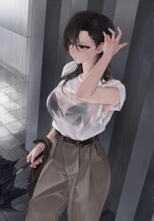 1girl arm_up belt black_belt black_eyes bra_visible_through_clothes breasts brown_pants commentary_request from_above hair_behind_ear hair_over_shoulder highres holding holding_umbrella large_breasts long_hair original outdoors pants rain sabotensuteeki see-through_clothes see-through_shirt shirt shirt_tucked_in solo standing taking_shelter tile_floor tiles umbrella water_drop wet wet_clothes wet_hair white_shirt