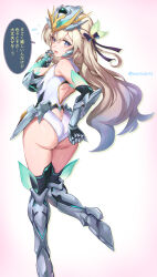 Rule 34 | 1girl, arm armor, armor, ass, bikini armor, black thighhighs, blue ribbon, breasts, butt crack, firefly (honkai: star rail), flying sweatdrops, gradient eyes, gradient hair, green pupils, grey hair, hair between eyes, hair intakes, hair ornament, hair ribbon, headgear, highres, honkai: star rail, honkai (series), large breasts, leg armor, long hair, mefuichi, multicolored eyes, multicolored hair, open mouth, ribbon, simple background, solo, speech bubble, thighhighs, twitter username, white background