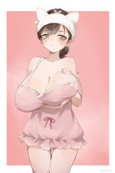 1girl absurdres after_bathing apple apple_hair_ornament bare_shoulders blush breast_lift breasts brown_hair cleavage collarbone covered_erect_nipples food food-themed_hair_ornament fruit glassy0302 grabbing_own_breast grey_eyes hair_ornament hairband highres huge_breasts kuraishi_ringo_(glassy0302) lingerie negligee off_shoulder original panties ribbon see-through_clothes simple_background spaghetti_strap steam sweat thighs towel underwear wet