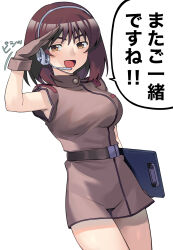 1girl aeug belt blush breasts brown_eyes brown_hair gundam gundam_lost_war_chronicles headset highres large_breasts looking_at_viewer military military_uniform noel_anderson open_mouth shirt short_hair simple_background skirt sleeveless smile solo speech_bubble translation_request white_background yamany