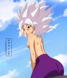 alternate_hair_color breasts caulifla dragon_ball dragon_ball_heroes dragon_ball_super highres medium_breasts multiple_girls one_eye_closed oren_(dragon_ball) possessed possession smile solo sumairuwing topless white_hair wide_hips wink
