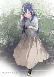 1girl birthday black_shoes blue_hair broken_phone brown_skirt bush cellphone commentary dated from_above full_body grey_shirt hand_up headphones highres holding holding_phone idolmaster idolmaster_(classic) kisaragi_chihaya laki long_hair long_skirt long_sleeves open_mouth outdoors phone shirt shoes skirt smartphone solo