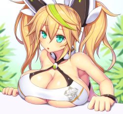 1girl :o aqua_eyes asamura_hiori bare_shoulders blonde_hair breast_rest breasts cleavage female_focus gene_(pso2) highres huge_breasts long_hair looking_at_viewer parted_lips phantasy_star phantasy_star_online_2 solo twintails