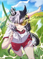 Rule 34 | 1girl, absurdres, animal ears, black hair, black nails, commentary, crown, day, english commentary, grey hair, gym shirt, higeji (higeji404), highres, hololive, hololive english, horse ears, horse girl, mini crown, multicolored hair, outdoors, red shorts, running, shiori novella, shirt, shorts, solo, split-color hair, teeth, tracen training uniform, two-tone hair, virtual youtuber, white shirt, yellow eyes