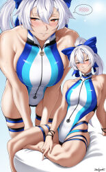1girl averting_eyes blue_one-piece_swimsuit blue_ribbon blush breasts competition_swimsuit fate/grand_order fate_(series) hair_ribbon highres looking_at_viewer multiple_views one-piece_swimsuit ponytail red_eyes ribbon sitting smile swimsuit thigh_strap tomoe_gozen_(fate) tomoe_gozen_(swimsuit_saber)_(fate) tomoe_gozen_(swimsuit_saber)_(first_ascension)_(fate) wet white_hair zealyush