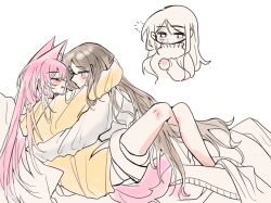 Rule 34 | 2girls, 4711 (xx), animal ears, bang dream!, bang dream! it&#039;s mygo!!!!!, between legs, blue eyes, brown hair, chihaya anon, commentary, cuddling, hood, hoodie, hug, leg lock, long hair, multiple girls, nagasaki soyo, pink hair, scales, simple background, squeans, sweater, tail, white background, white sweater, yellow hoodie, yuri