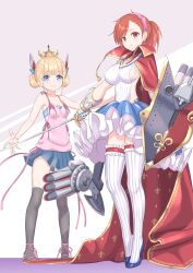 2girls absurdres azur_lane black_thighhighs blonde_hair blue_eyes blue_skirt breasts closed_mouth commission cosplay devil_survivor_(series) devil_survivor_1 frilled_skirt frills gauntlets hairband highres holding holding_sword holding_weapon kawosu_shikou large_breasts le_triomphant_(azur_lane) le_triomphant_(azur_lane)_(cosplay) looking_at_viewer multiple_girls orange_eyes pink_hairband pixiv_commission rapier red_hair rigging skirt small_breasts smile striped_clothes striped_thighhighs sword tanigawa_yuzu tanigawa_yuzu_(cosplay) thighhighs torpedo torpedo_tubes vertical-striped_clothes vertical-striped_thighhighs weapon white_thighhighs