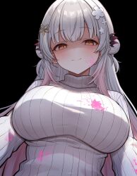 1girl absurdres black_background breasts brown_eyes daysss demon_girl demon_horns double_bun flower_hairpin gradient_hair grey_hair hair_bun half-closed_eyes highres horns indie_virtual_youtuber large_breasts long_hair long_sleeves looking_at_viewer looking_down multicolored_hair pink_hair simple_background smile splatter suou_patra sweater turtleneck turtleneck_sweater virtual_youtuber