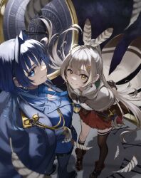 2girls blue_eyes blue_necktie blue_pants blue_shirt bluehead_white_dragon brown_capelet brown_cloak capelet chain chain_earrings cloak clock closed_mouth earrings feather_hair_ornament feathers foreshortening from_above gloves hair_intakes hair_ornament hairclip hashtag-only_commentary highres hololive hololive_english jacket jacket_on_shoulders jewelry looking_at_viewer multiple_girls nanashi_mumei necktie official_alternate_hairstyle ouro_kronii ouro_kronii_(4th_costume) pants red_skirt shirt skirt smile thighhighs virtual_youtuber white_gloves wolf_cut yellow_eyes