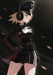1girl absurdres belt blonde_hair brown_gloves cross epaulettes gloves hand_on_own_hip hat headphones highres iron_cross jiseki_rena military_dress_uniform military_uniform nazi necktie original peaked_cap red_eyes reichsadler rena_(jiseki_rena) short_hair skirt solo standing throat_microphone totenkopf tsurime white_background wind wind_lift