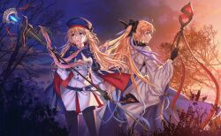 2girls aesc_(fate) aesc_(savior)_(fate) artoria_caster_(fate) artoria_caster_(second_ascension)_(fate) artoria_pendragon_(fate) black_bow black_gloves blonde_hair blue_eyes bow cloud fate/grand_order fate_(series) fur_trim gloves green_eyes hair_between_eyes hair_bow hat highres holding holding_staff long_hair looking_at_viewer mage_staff multiple_girls open_mouth parnasso ponytail sky staff tree very_long_hair