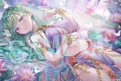 1girl blush bracelet breasts cleavage flower gold_bracelet green_hair hair_ornament hand_up harem_outfit jewelry long_hair lotus lying momoko_(momopoco) navel official_art on_back parted_lips purple_eyes rose sample_watermark stomach virtual_youtuber vspo! watermark yakumo_beni