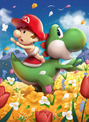 1boy baby baby_mario barefoot bird black_eyes blue_sky brown_footwear brown_hair cloud commentary_request day diaper eyebrows_visible_through_hat flower gonzarez goonie hat highres male_focus mario mario_(series) nintendo open_mouth outdoors outstretched_arms petals pink_flower purple_flower red_flower red_headwear red_rose rose shoes sitting sitting_on_animal sky super_mario_world_2:_yoshi&#039;s_island twitter_username white_flower wind yellow_flower yoshi