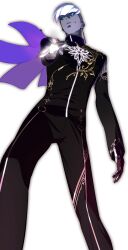 Rule 34 | 1boy, black pants, black shirt, blue eyes, colored sclera, colored skin, dark-skinned male, dark skin, earrings, fate/grand order, fate (series), feet out of frame, grey sclera, grey skin, highres, indra (fate), jewelry, lightning bolt facial mark, long sleeves, looking at viewer, male focus, official art, pako (pakosun), pants, shirt, short hair, smile, solo, transparent background, white hair