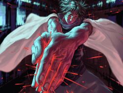 1boy bh20647 black_hair blood choso_(jujutsu_kaisen) closed_mouth fingernails hand_focus highres jujutsu_kaisen male_focus robe scar scar_across_eye scar_on_face short_hair solo twintails upper_body veins veiny_hands white_robe