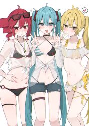 3girls absurdres ahoge akita_neru aqua_eyes aqua_hair bare_shoulders bikini black_bikini black_choker blonde_hair blush breasts choker collarbone denim denim_shorts drill_hair embarrassed english_text eyewear_on_head fang food frilled_bikini frills hair_between_eyes hatsune_miku heart heart-shaped_pupils highleg highleg_bikini highres kasane_teto long_hair looking_at_viewer multiple_girls navel nervous_sweating o-ring open_mouth popsicle red_eyes red_hair see-through_clothes shakacat shorts simple_background skin_fang small_breasts striped_clothes sunglasses sweat swimsuit symbol-shaped_pupils thigh_strap translation_request triple_baka_(vocaloid) triple_ryuunen twin_drills utau very_long_hair vocaloid waimoniku white_background yellow_eyes zako_(vocaloid)