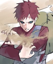 1boy arms_up commentary_request crying eroero_tyaduke facial_tattoo fingernails forehead_tattoo gaara_(naruto) green_eyes highres jacket long_sleeves male_focus naruto_(series) naruto_shippuuden parted_hair parted_lips red_hair red_jacket sand short_hair solo streaming_tears tattoo tears tears_from_one_eye teeth unfinished upper_body