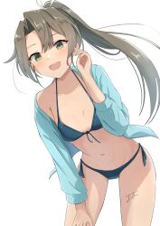 1girl absurdres bent_over bikini blue_bikini blue_jacket breasts cowboy_shot front-tie_bikini_top front-tie_top green_eyes green_hair hair_between_eyes hair_ribbon hand_on_own_thigh highres hood hooded_jacket jacket kantai_collection long_hair looking_at_viewer navel official_alternate_hairstyle open_mouth ponytail ribbon side-tie_bikini_bottom simple_background small_breasts smile solo sukimizaki swimsuit white_background white_ribbon zuikaku_(kancolle) zuikaku_(swimsuit)_(kancolle) zuikaku_kai_ni_(kancolle)