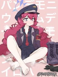 1girl :&lt; armband barefoot black_bow black_hat black_shirt black_socks blue_archive blue_halo blush bow character_name doombreak dot_nose feet fluffy_hair full_body halo hat highres iroha_(blue_archive) long_hair long_sleeves military_hat military_uniform neck necktie partially_unbuttoned pink_background red_hair red_necktie safety_pin shirt shoes sitting socks solo steaming_body sweat tsurime undone_necktie unworn_shoes unworn_socks very_long_hair wing_collar