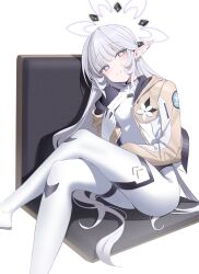 1girl absurdres blue_archive blush bodysuit brown_jacket closed_mouth commentary crossed_legs halo highres himari_(blue_archive) himari_(bodysuit)_(blue_archive) hood hood_down hooded_jacket jacket long_hair looking_at_viewer mole mole_under_eye multicolored_halo official_alternate_costume open_clothes open_jacket pointy_ears purple_eyes simple_background sitting smile solo symbol-only_commentary two-tone_halo white_background white_bodysuit white_hair white_halo zanya_000