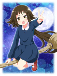 Rule 34 | 1girl, blush, broom, broom riding, brown eyes, brown hair, dot nose, dress, female focus, full body, highres, lazysloth2022, long hair, long sleeves, looking at viewer, mikakunin de shinkoukei, mitsumine mashiro, moon, night, night sky, open mouth, shoes, sky, socks, solo, v, white socks