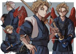 1boy alternate_costume artist_name bad_id bad_pixiv_id barefoot blonde_hair boku_no_hero_academia border bougu clenched_teeth collarbone commentary cowboy_shot closed_eyes gloves grey_background grin hawks_(boku_no_hero_academia) holding japanese_clothes jewelry kadeart kendo kendo_mask long_sleeves looking_at_viewer male_focus multiple_views open_mouth over_shoulder red_wings shinai smile squatting sweat sword teeth tenugui towel weapon weapon_over_shoulder white_border wings yellow_eyes