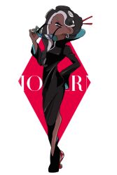 1girl black_dress blue_eyes brown_hair cephalopod_eyes closed_mouth colored_extremities commentary dark-skinned_female dark_skin dress earrings full_body furrowed_brow hair_ornament hair_stick hand_on_own_hip holding holding_removed_eyewear horizontal_pupils imaikuy0 jewelry long_hair long_sleeves looking_at_viewer marina_(splatoon) mismatched_eyebrows mole mole_under_mouth nintendo octoling official_alternate_costume outline parted_bangs pink_pupils side_slit smile solo splatoon_(series) splatoon_2 standing symbol-only_commentary tentacle_hair transparent_background unworn_eyewear white_outline wide_sleeves