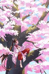 1girl animal baby_animal barefoot bird blunt_bangs brown_hair cherry_blossoms commentary_request dappled_sunlight day duck duckling floating_hair hair_ribbon highres holding holding_letter in_tree ito_yoshi letter long_hair nature original outdoors outstretched_arm ponytail ribbon scenery sidelocks solo sunlight tree very_long_hair wide_shot wide_sleeves