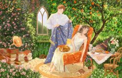 1boy 1girl animal animal_on_lap armchair bare_arms barefoot blanket blue_sky book bookstore bouquet brown_hair bush carpet cat cat_on_lap chair closed_eyes closed_mouth collarbone collared_shirt commentary curled_up day dress english_commentary flower food fruit full_body garden hand_on_lap holding holding_blanket indoors kuwagatata light_blush long_dress long_hair long_sleeves on_lap open_book orange_(fruit) orange_tree original parted_lips phonograph pink_flower shirt shop short_hair sitting sky sleeping sleeveless sleeveless_dress smile spaghetti_strap table tablecloth tree vase white_dress white_shirt window