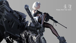 1girl 2020 3d black_pantyhose boots digiplant feet grey_hair gun highres legs military motor_vehicle motorcycle nengajou new_year original pantyhose short_hair skirt weapon