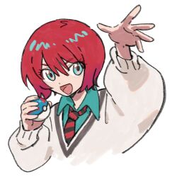 Rule 34 | 1girl, amate yuzuriha, aqua eyes, chinese commentary, collared shirt, commentary request, gundam, gundam gquuuuuux, highres, holding, holding poke ball, looking at viewer, necktie, nintendo, open mouth, poke ball, pokemon, red hair, school uniform, shenghuotui xingxing, shirt, short hair, simple background, smile, solo, sweater, white background