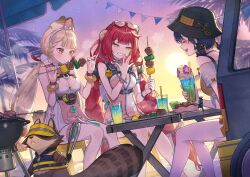 Rule 34 | 3girls, alice thymefield, alice thymefield (sea of thyme), animal ears, belle (summer skies) (zenless zone zero), belle (zenless zone zero), blonde hair, blue hair, braid, breasts, cherico, cleavage, closed mouth, cup, drinking glass, food, grin, heterochromia, highres, holding, holding food, kama (zenless zone zero), long hair, low twin braids, low twintails, multiple girls, official alternate costume, one-piece swimsuit, open mouth, outdoors, rabbit ears, rabbit girl, raccoon, red hair, short hair, sitting, smile, swimsuit, twin braids, twintails, ukinami yuzuha, ukinami yuzuha (tanuki in broad daylight), very long hair, zenless zone zero