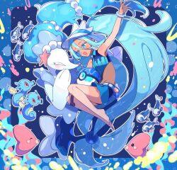 1girl blue_eyes gen_1_pokemon gen_3_pokemon gen_7_pokemon hatsune_miku highres horsea kodamari long_hair luvdisc nintendo pokemon pokemon_(creature) primarina project_voltage twintails very_long_hair vocaloid water_miku_(project_voltage) wishiwashi wishiwashi_(solo)