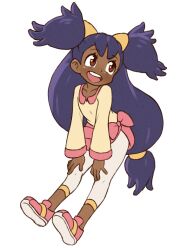 Rule 34 | 1girl, :d, beachepisode, brown eyes, dark-skinned female, dark skin, full body, highres, iris (pokemon), long hair, long sleeves, looking to the side, low-tied long hair, nintendo, open mouth, pants, pokemon, pokemon bw, purple hair, shirt, shoes, smile, solo, teeth, upper teeth only, very long hair, white background, white pants, yellow shirt