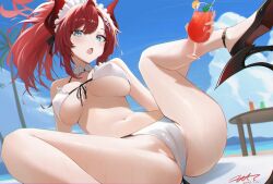 1girl bikini black_shoes blue_archive blue_eyes blue_sky blush breasts cameltoe cleavage cloud cloudy_sky commentary_request cup day demon_tail drinking_glass fritz614 groin halo high_heels highres holding holding_cup horns large_breasts long_hair looking_at_viewer megu_(blue_archive) navel open_mouth outdoors partially_visible_vulva ponytail red_hair red_halo red_horns red_tail shoes signature sky solo spread_legs stomach swimsuit tail thighs underboob white_bikini