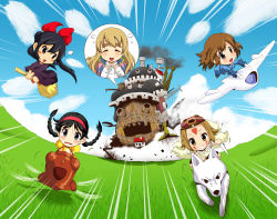 1980s_(style) 5girls akiyama_mio bow braid broom broom_riding castle company_connection cosplay earrings closed_eyes hair_bow highres hirasawa_yui howl howl_(cosplay) howl_(howl_no_ugoku_shiro) howl_(howl_no_ugoku_shiro)_(cosplay) howl_no_ugoku_shiro jewelry k-on! kawamura_river kaze_no_tani_no_nausicaa kiki_(majo_no_takkyuubin) kiki_(majo_no_takkyuubin)_(cosplay) kotobuki_tsumugi majo_no_takkyuubin mehve mononoke_hime multiple_girls nakano_azusa nausicaa nausicaa_(cosplay) oldschool retro_artstyle riding san_(cosplay) san_(mononoke_hime) sheeta sheeta_(cosplay) studio_ghibli tainaka_ritsu teardrop tears tenkuu_no_shiro_laputa twin_braids wolf