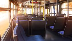 aisle blurry blurry_background bus bus_interior car_seat column glowing handrail highres motion_blur motor_vehicle no_humans non-web_source official_art orange_light our_life our_life:_beginnings_and_always pillar poster_(object) scenery sidewalk sign sunset tree variant_set window window_light