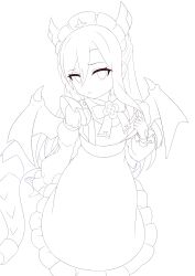 1girl :o absurdres apron bow bowtie commentary_request detached_sleeves dragon_girl dragon_horns dragon_tail dragon_wings dress frilled_apron frills greyscale hair_between_eyes highres horns lind_(princess_connect!) lineart long_sleeves looking_at_viewer maid maid_apron maid_headdress miyamori727 monochrome parted_lips princess_connect! simple_background sleeveless sleeveless_dress solo tail white_background wings