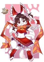 1girl :3 absurdres animal_ears animal_hands apple_(inmu) ascot bell benikurage_(cookie) bow breasts brown_eyes brown_hair cat cat_ears cat_girl cat_tail commentary_request cookie_(touhou) frilled_bow frilled_hair_tubes frilled_skirt frills full_body furrification furry furry_female grin hair_bow hair_tubes hakurei_reimu highres inabahitomi jingle_bell long_hair looking_at_viewer manatsu_no_yo_no_inmu midriff miura_cat nabe navel orange_ascot orange_scarf parted_bangs red_bow red_ribbon red_scarf red_shirt red_skirt ribbon scarf shirt sidelocks skirt skirt_set sleeveless sleeveless_shirt small_breasts smile solo_focus striped_clothes striped_scarf tail touhou underboob white_fur