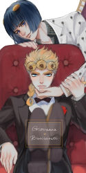 2boys black_hair blonde_hair blue_eyes blurry bob_cut bow bowtie braid bruno_bucciarati chair crossed_legs depth_of_field flower foreshortening giorno_giovanna hair_ornament hairclip highres jewelry jojo_no_kimyou_na_bouken male_focus multiple_boys pkynocardia red_upholstery ring rose single_braid sitting tuxedo vento_aureo victory_rolls