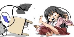 1girl anger_vein angry bad_id bad_pixiv_id barefoot bow cable computer feet female_focus houraisan_kaguya japanese_clothes kicking kimono monitor computer_mouse neet oekaki panties pantyshot solo table table_flip toes tonbi touhou underwear