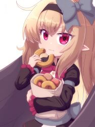 Rule 34 | 1girl, absurdres, black dress, black hairband, black ribbon, blonde hair, dark feather alma, donut, dress, eating, emil chronicle online, food, frilled sleeves, frills, hairband, highres, holding, holding food, looking at viewer, pointy ears, red eyes, red ribbon, ribbon, rna0, sitting