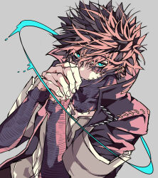 1boy adam&#039;s_apple boku_no_hero_academia dabi_(boku_no_hero_academia) earrings fingernails green_eyes grey_background highres jewelry kg_kkgg looking_at_viewer male_focus own_hands_clasped own_hands_together scar scar_on_arm scar_on_face short_hair solo spiked_hair stitched_face stitches upper_body